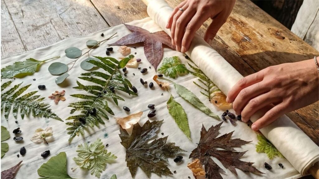 Ecoprint vs. Estampado Tradicional Proceso artesanal de ecoprint con hojas y plantas sobre tejido natural, donde cada composición vegetal crea un diseño único e irrepetible.