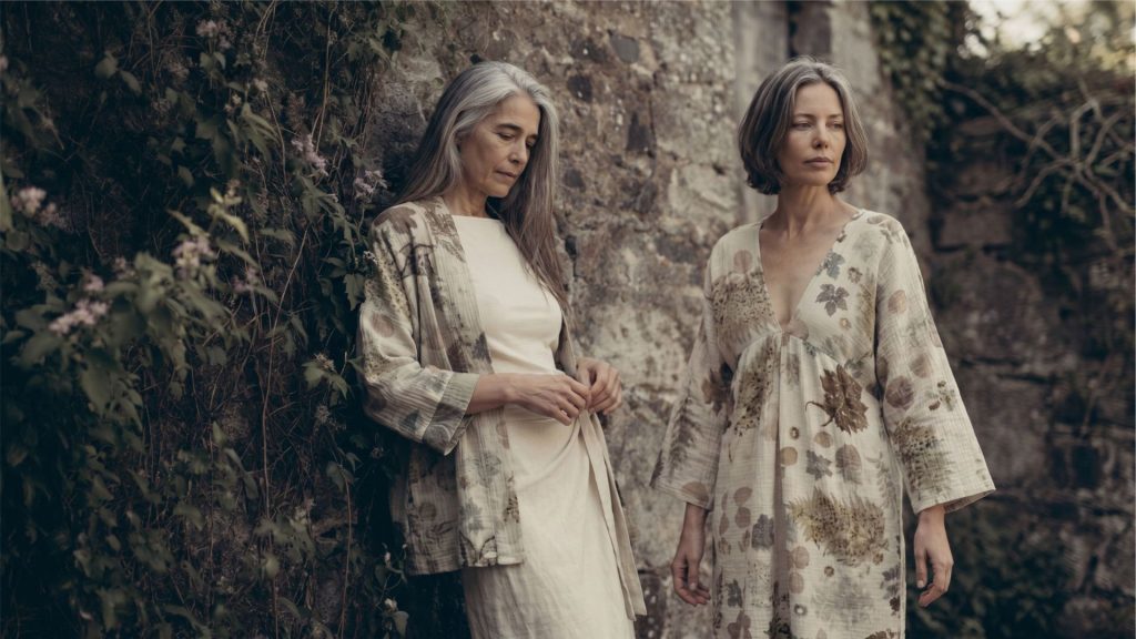 Mujeres con vestidos y prendas de ecoprint artesanal en tonos tierra, creadas con tintes botánicos y fibras naturales inspiradas en la naturaleza.