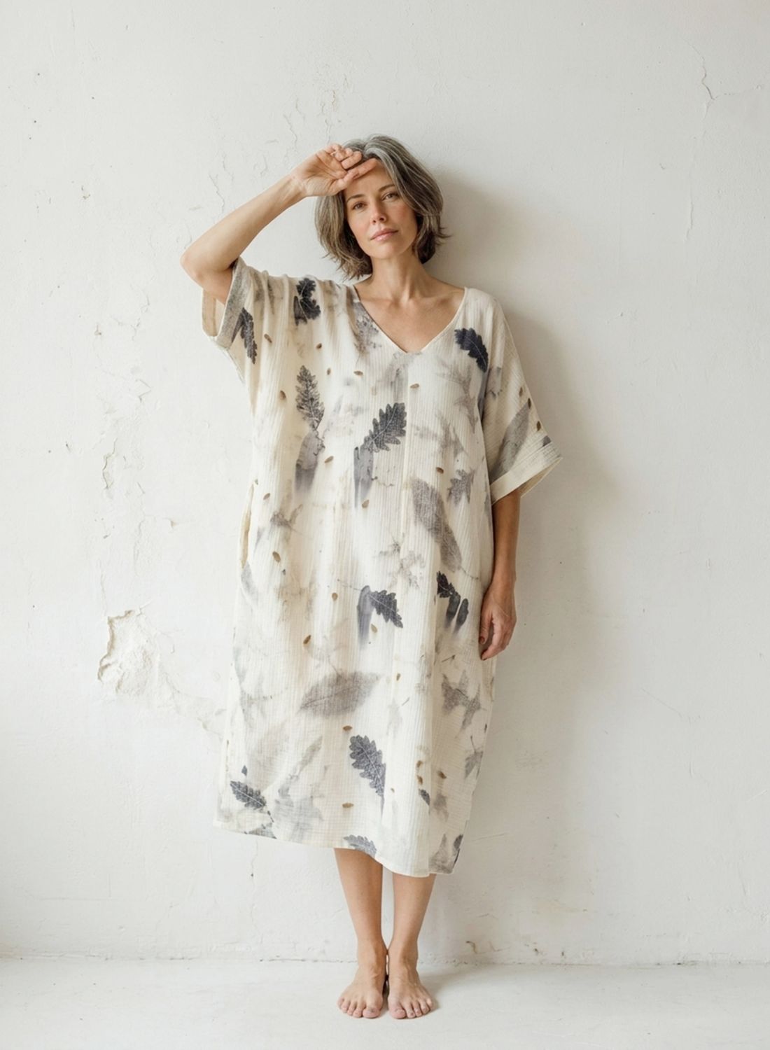 Kaftán de algodón con estampado de ecoprint